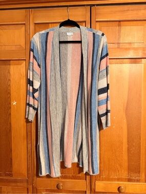 ecru Striped Open-Front Cardigan in Blue, Pink, Gray